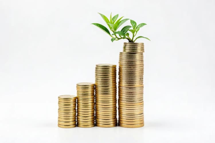 Um gráfico de barras ascendente feito de moedas de ouro empilhadas, com uma pequena planta crescendo no topo, em um fundo branco.