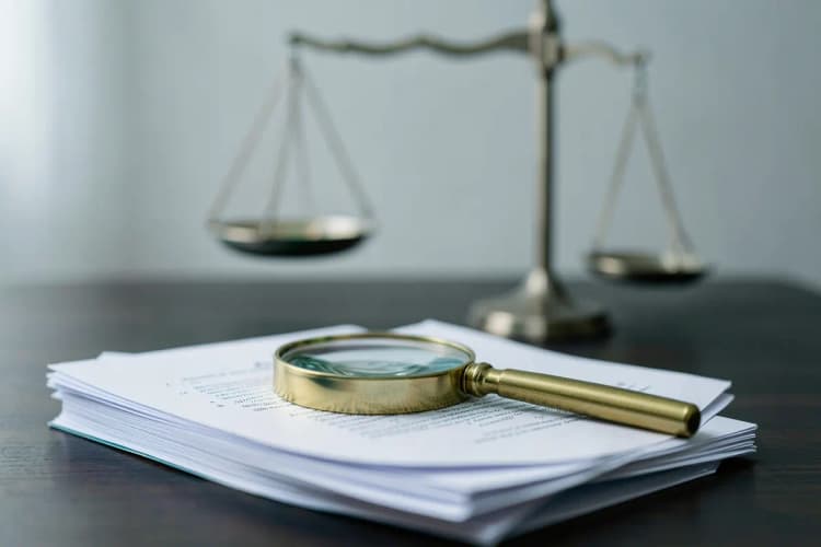 Uma pilha de documentos legais e uma lupa sobre uma mesa de madeira escura, com uma balança da justiça desfocada ao fundo.