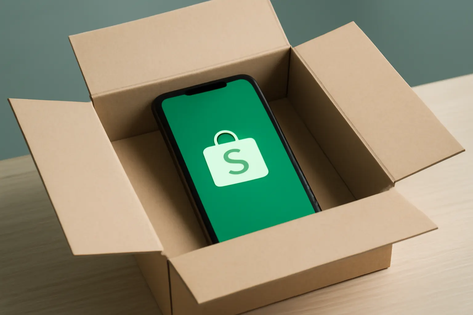 Uma caixa de papelão aberta com um celular dentro, mostrando o logo da Shopee na tela, sobre uma mesa de madeira.