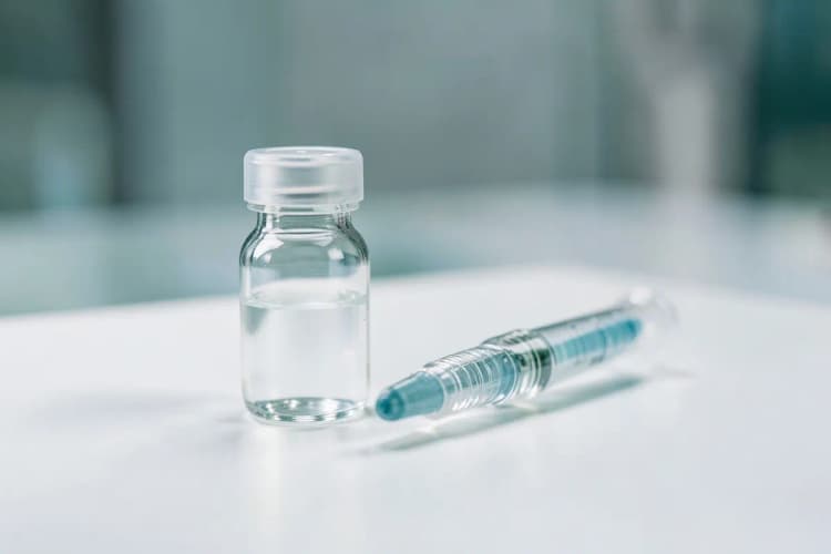 Um frasco de medicamento com um líquido claro ao lado de um aplicador de injeção em um fundo branco.