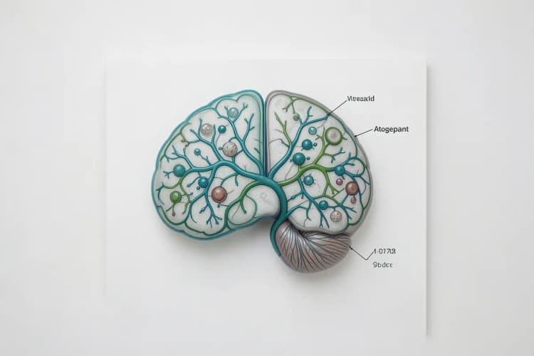 Um diagrama esquemático mostrando a ação do Atogepanto no cérebro, com ênfase nos receptores CGRP.