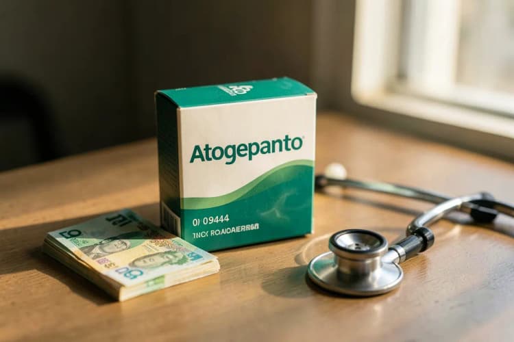 Uma caixa de Atogepanto ao lado de notas de dinheiro e um estetoscópio, sugerindo custo e acesso médico.