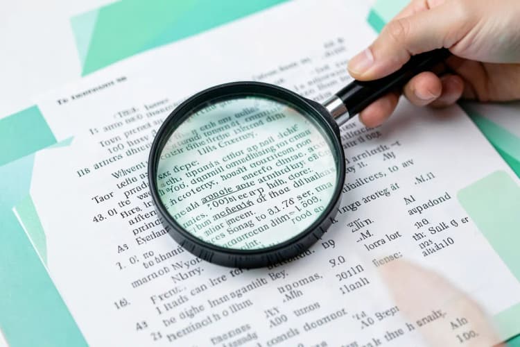 Close-up de uma mão segurando uma lupa sobre um documento legal, detalhe do texto.