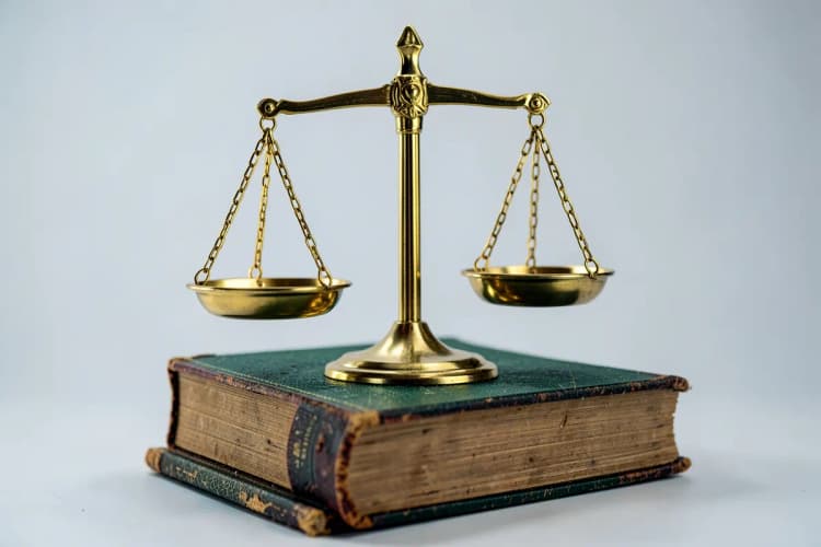 Uma balança da justiça dourada em cima de uma pilha de livros antigos, detalhe do objeto.