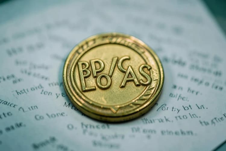 Um selo dourado com as letras BPC/LOAS em relevo, sobre um fundo de documentos legais desfocados.