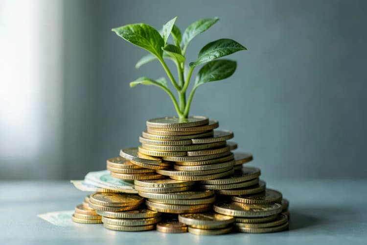 Uma pilha de moedas de ouro e notas de dinheiro empilhadas em degraus, com uma planta crescendo no topo, simbolizando benefícios.