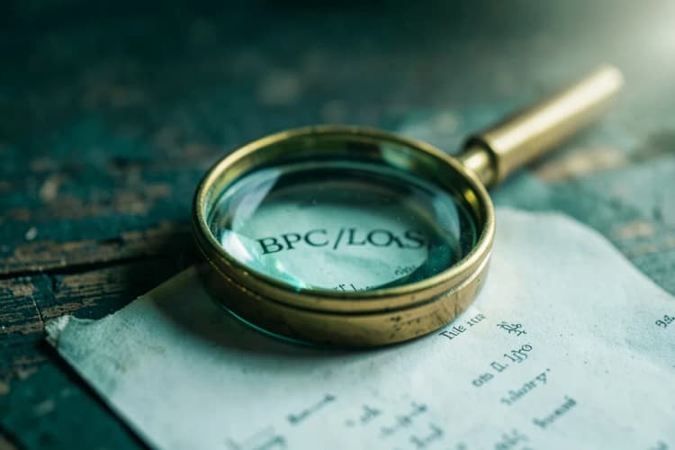 Uma lupa examinando um documento legal com a sigla BPC/LOAS escrita, sobre uma mesa de madeira.