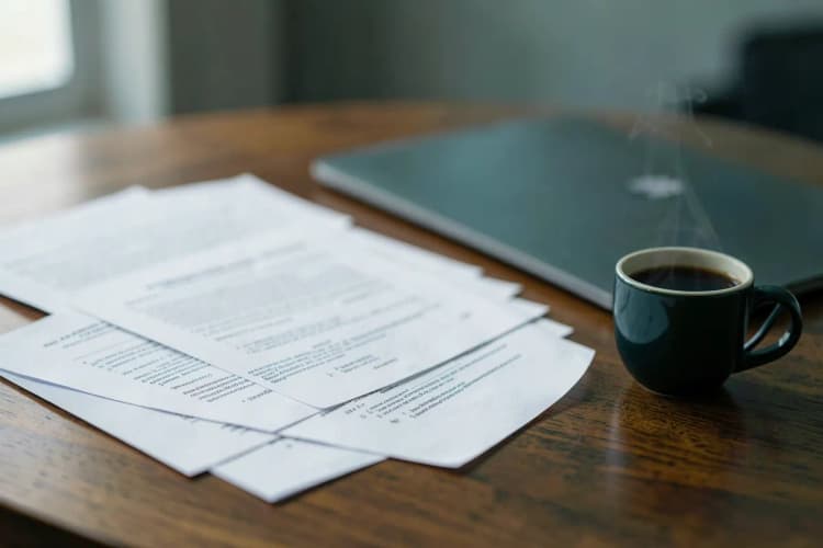 Advogado revisando documentos em uma mesa com um laptop e um copo de café.
