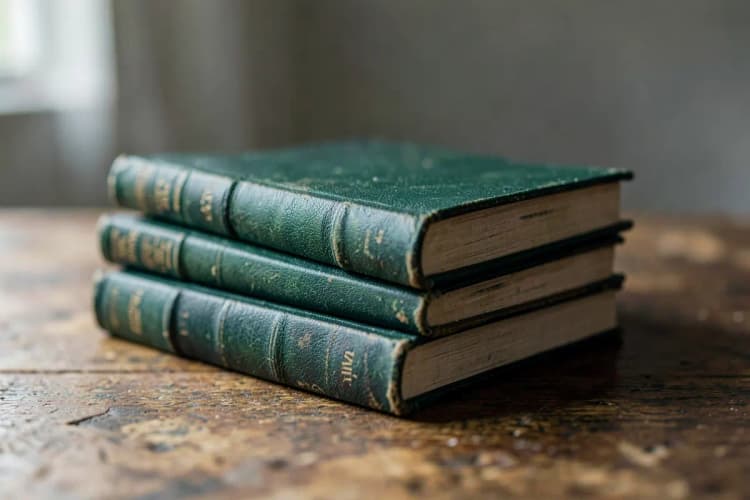 Um conjunto de livros de direito empilhados em uma mesa de madeira com luz suave.