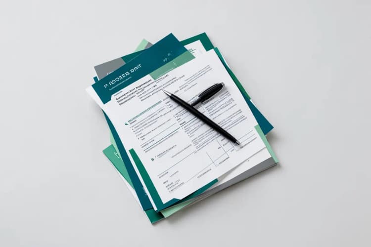 Uma pilha de documentos médicos e formulários de solicitação, com uma caneta ao lado.