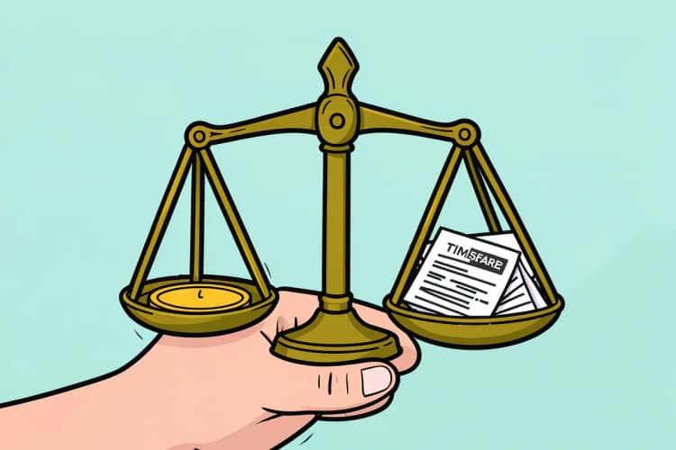 Uma mão segurando uma balança de justiça com uma moeda de ouro em um prato e um contrato de timeshare no outro.