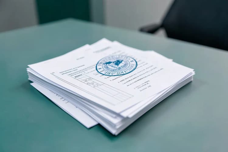 Uma pilha de documentos legais com um carimbo oficial em cima, representando direitos do consumidor.