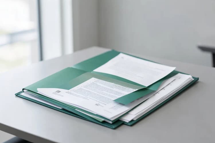 Uma pasta de documentos aberta com papéis organizados dentro, sobre uma mesa, simbolizando os documentos necessários para uma ação.