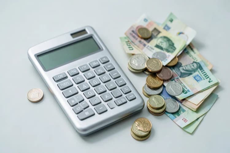 Uma calculadora ao lado de uma pilha de moedas e notas de dinheiro, indicando custos e despesas.