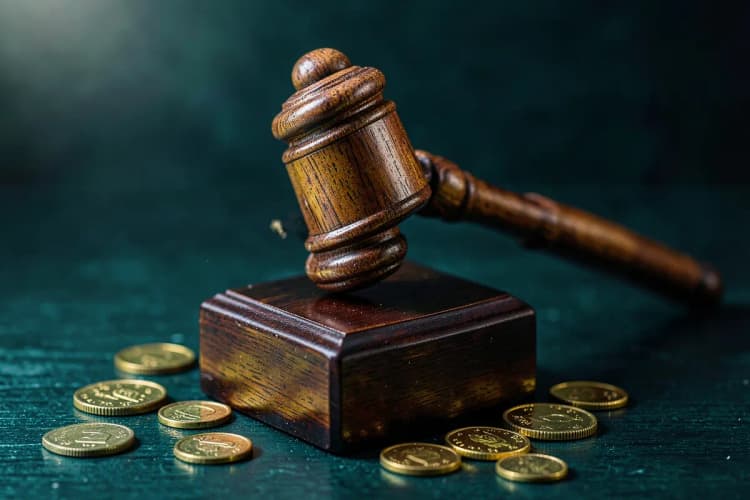 Um martelo de juiz batendo em um bloco de madeira, com moedas espalhadas ao redor, simbolizando a decisão judicial e o pagamento.