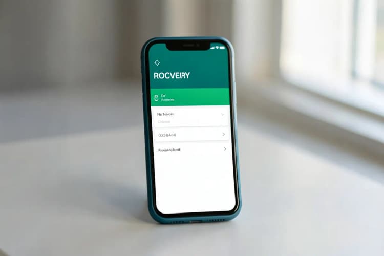 Uma mão segurando um celular com a tela mostrando um formulário de recuperação de conta.
