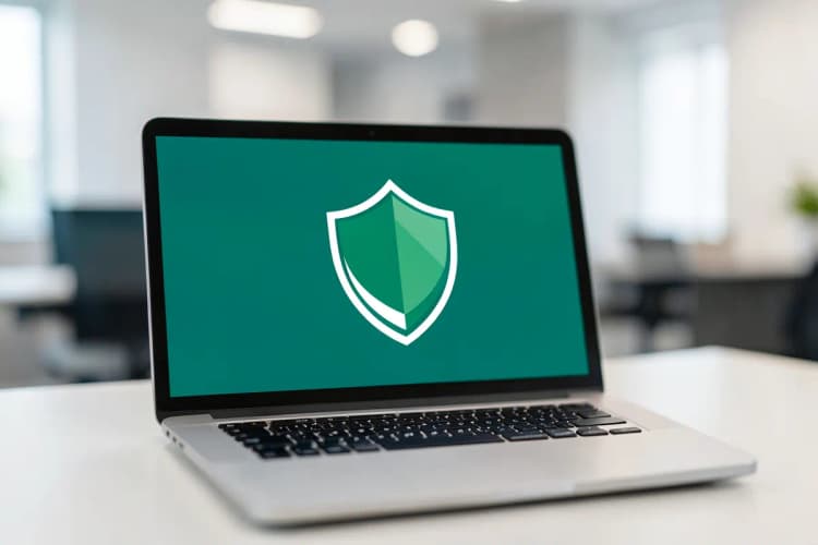 Um laptop com um ícone de escudo de segurança na tela, representando a proteção de contas.