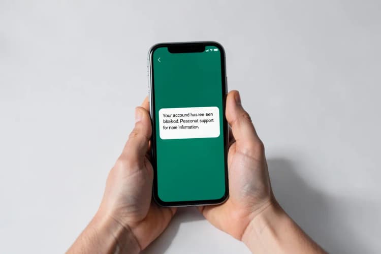 Uma mão segurando um smartphone exibindo uma notificação de conta bloqueada do Mercado Livre.