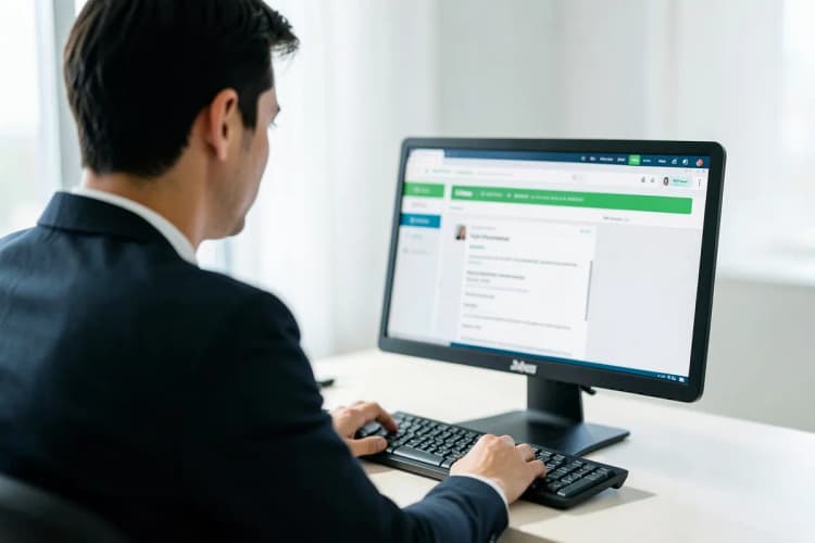 Uma pessoa olhando para um computador com a página de suporte da Shopee aberta, com uma expressão de dúvida.