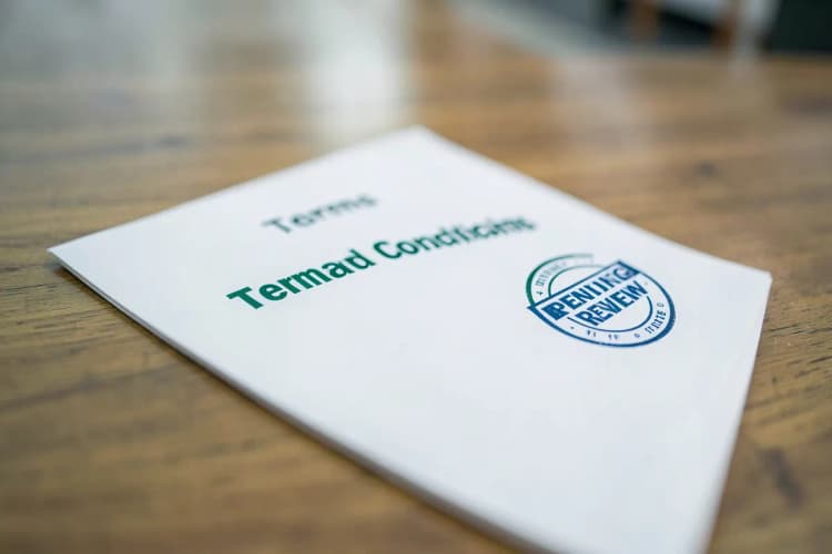 Um documento com o título "Termos e Condições" e um carimbo de "Análise Pendente" em um fundo de madeira.