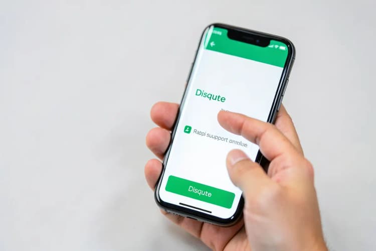 Uma mão segurando um celular com a tela mostrando um e-mail de suporte do Rappi, com um dedo apontando para o botão "Contestar".