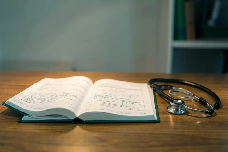 Prontuário médico com estetoscópio e óculos sobre a mesa