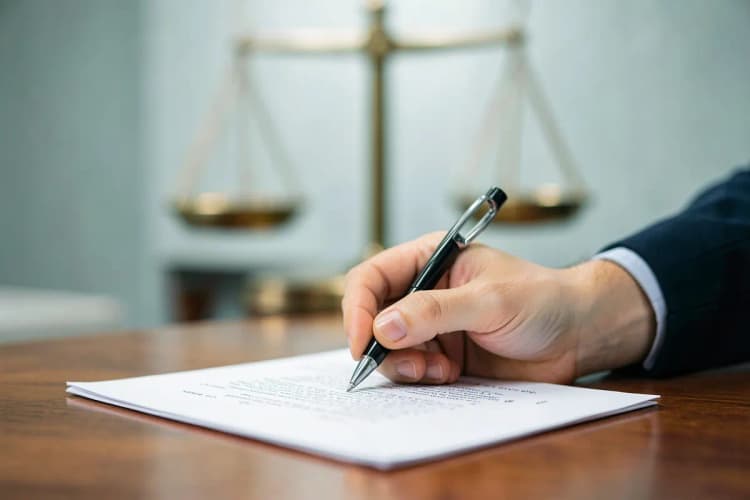 Mão de advogado escrevendo em documento com caneta, com balança da justiça ao fundo