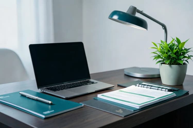 Advogado analisando documentos em mesa de escritório com notebook e planta