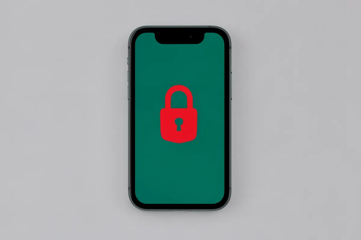 Um celular com a tela exibindo um cadeado vermelho e um escudo, em close-up.