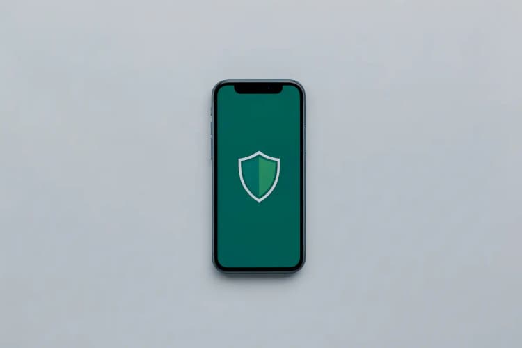 Um celular com a tela exibindo um ícone de alerta e um escudo.