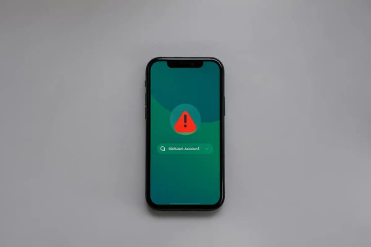 Um smartphone exibindo uma notificação de conta bloqueada com um ícone de alerta vermelho