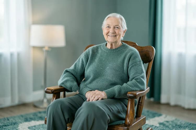 Uma pessoa idosa sorrindo, sentada em uma cadeira de balanço em uma sala de estar.