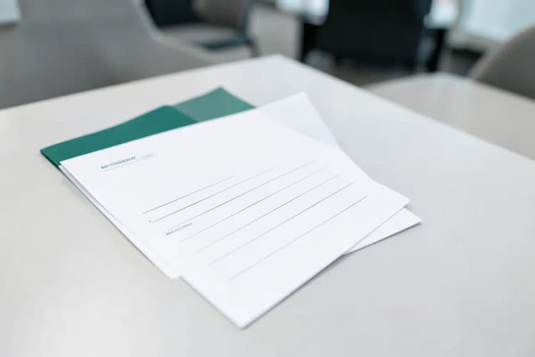 Um formulário de solicitação em branco sobre uma mesa.