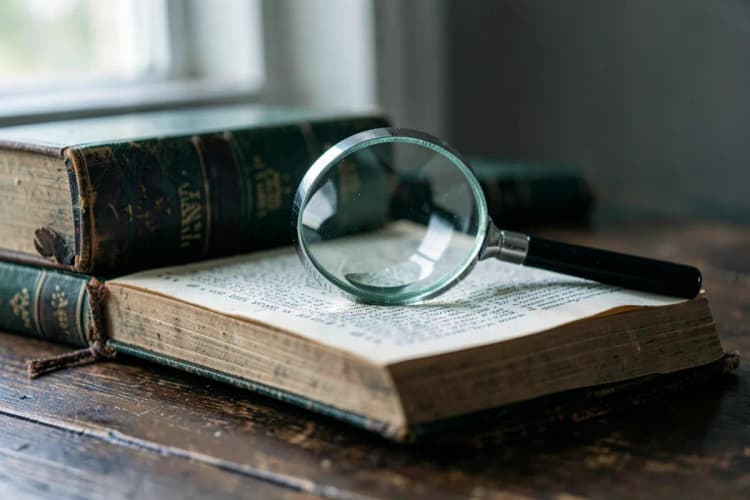 Uma pilha de livros de direito e códigos legais sobre uma mesa de madeira escura, com uma lupa pousada sobre um deles.