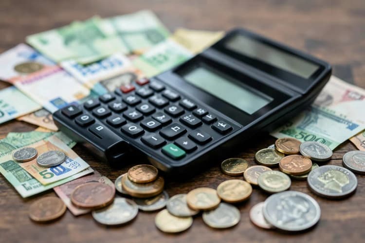 Uma calculadora financeira ao lado de algumas notas de dinheiro e moedas em uma superfície de madeira.