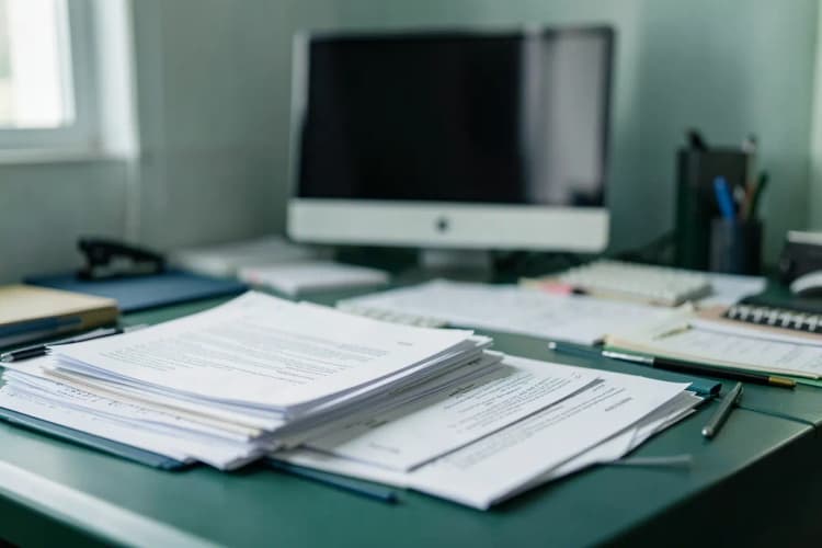Uma pessoa organizando papéis e documentos em uma mesa de escritório com um computador desligado ao fundo.
