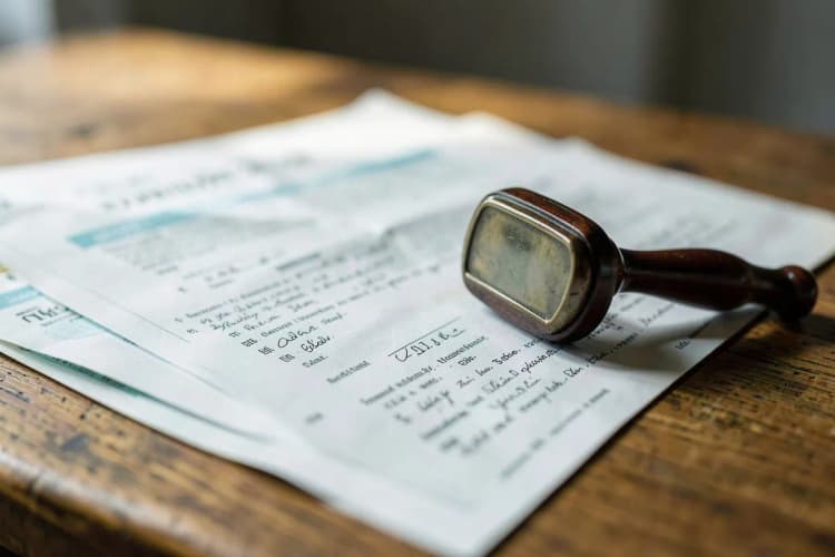 Uma coleção de documentos legais, certidões e um carimbo em uma mesa de madeira.