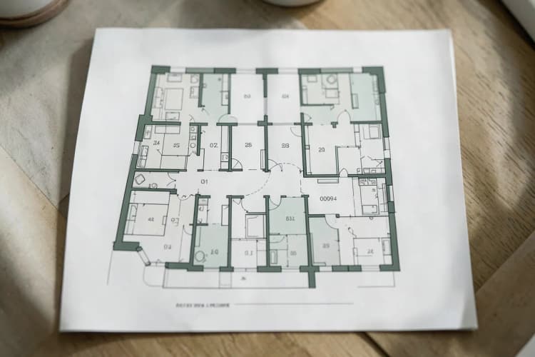Uma planta baixa de um apartamento dividido em unidades de tempo, mostrando a divisão do espaço.