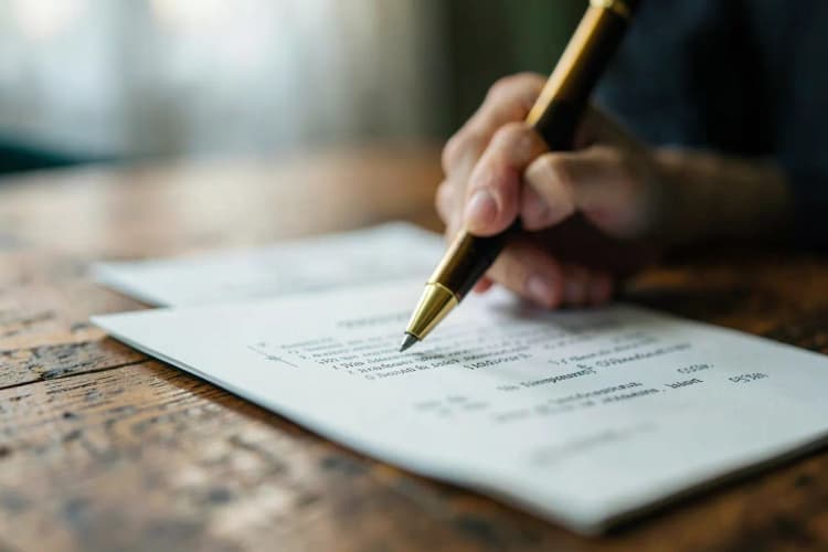 Um contrato de multipropriedade sendo assinado com uma caneta dourada sobre uma mesa de madeira.