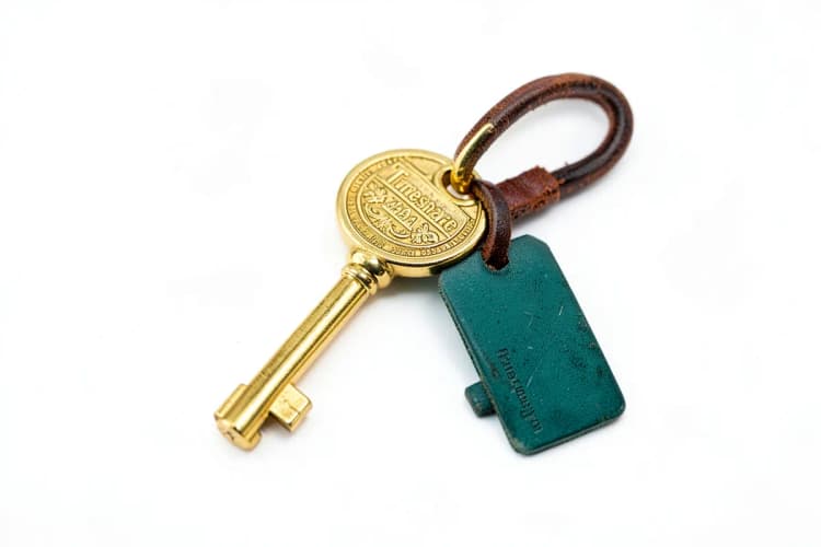 Uma chave dourada com a etiqueta "Multipropriedade" pendurada em um chaveiro de couro.