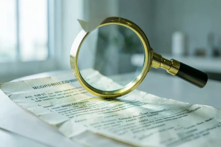 Uma pessoa examinando um contrato com uma lupa, com uma expressão de preocupação, em um ambiente de escritório.