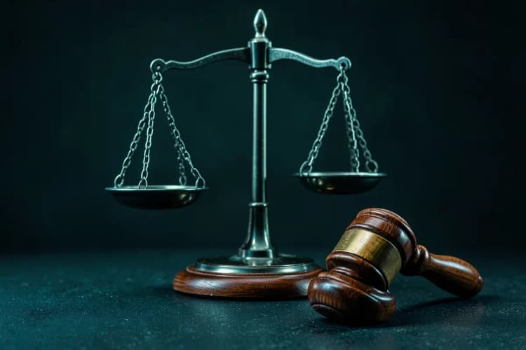 Uma imagem abstrata representando o sistema judiciário, com balanças da justiça e martelos em um fundo escuro.