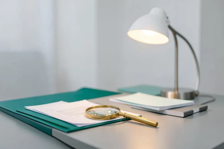 Uma mesa de escritório organizada com documentos, pastas e uma lupa, pronta para análise.