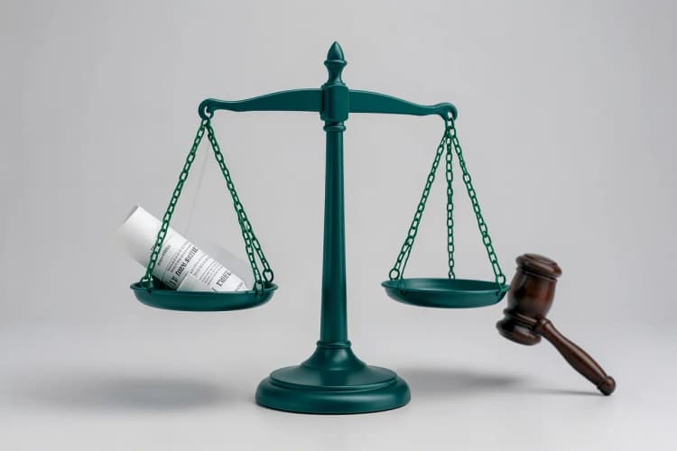 Uma balança de justiça desequilibrada com um contrato de time-share de um lado e um martelo de juiz do outro.