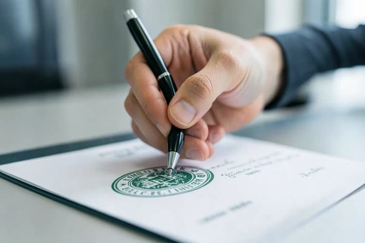 Uma mão segurando uma caneta e prestes a assinar um documento com selo de autenticidade.