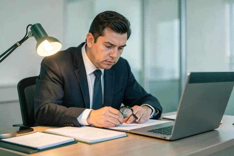 Um advogado em seu escritório analisando documentos com uma lupa.