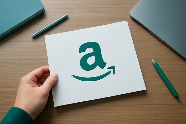 Uma mão segurando um documento com o logo da Amazon, vista de cima, com luz de escritório vindo da direita, em um ambiente de trabalho.