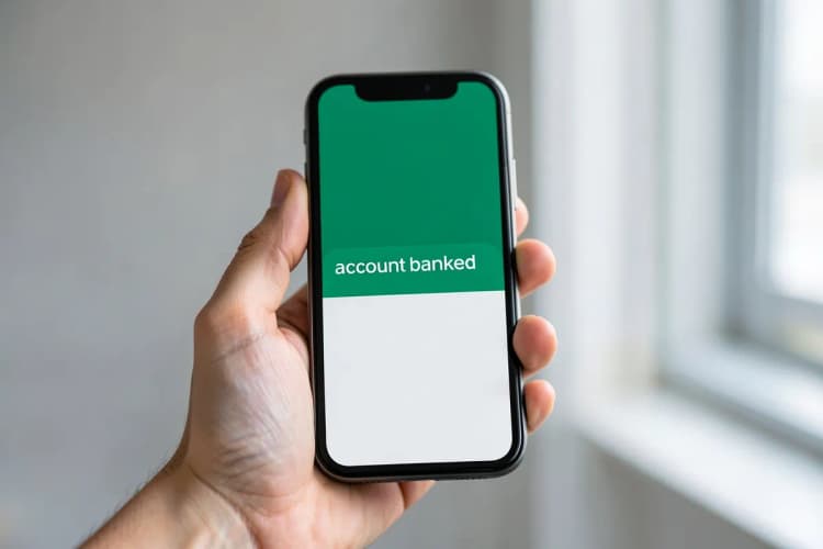 Uma mão segurando um smartphone com uma notificação de conta banida, com um fundo desfocado de um marketplace online.