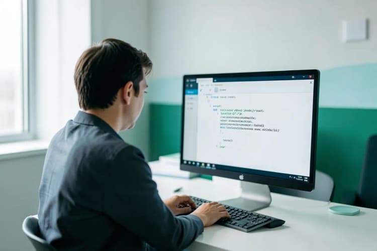 Uma pessoa olhando para um computador com uma tela de erro, simbolizando a frustração e a busca por soluções após o banimento de uma conta.