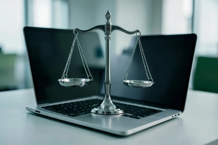 Uma balança da justiça equilibrada sobre um laptop, representando a equidade e a resolução de disputas em marketplaces online.